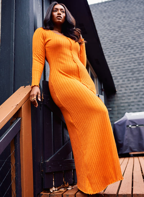 Orange Evelyn Ribbed Square Neck Maxi Dress Plus Sizes
