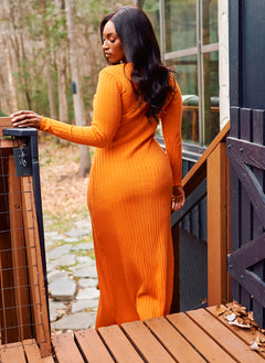 Orange Evelyn Ribbed Square Neck Maxi Dress Plus Sizes