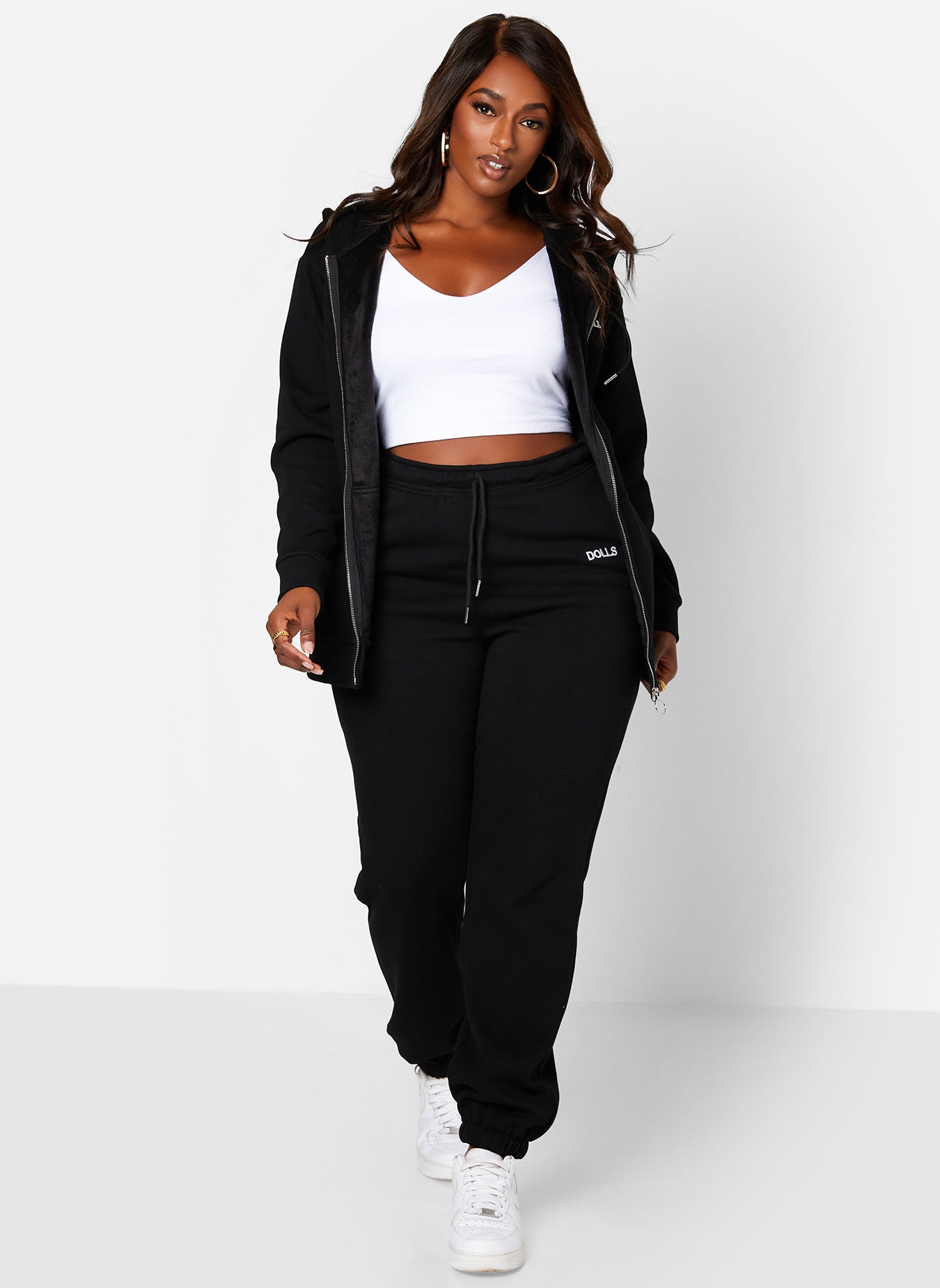 Black Goals Embroidered Drawstring Joggers W. Pockets Plus Sizes