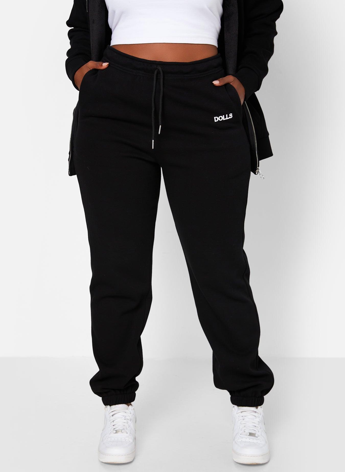 Black Goals Embroidered Drawstring Joggers W. Pockets Plus Sizes
