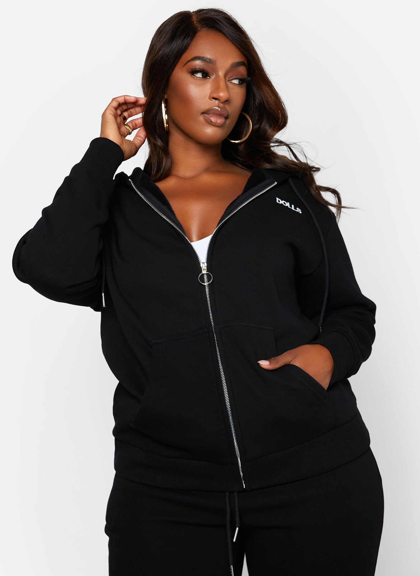 Black Goals Embroidered Oversized Zip Up Sweatshirt Plus Sizes