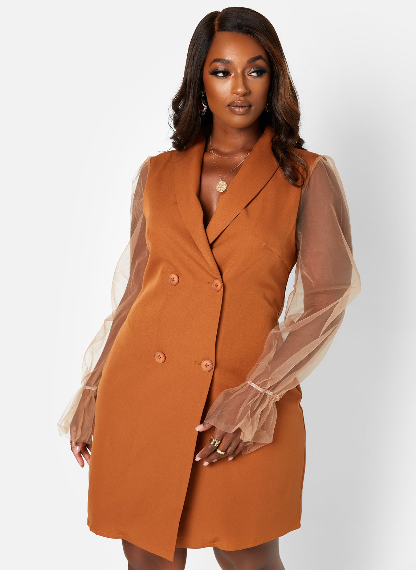 Brown Hidden Agenda Sheer Sleeve Double Breasted Blazer Mini Dress Plus Sizes