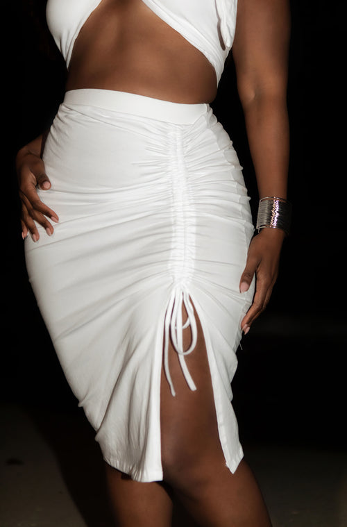 White Wrap Top & Bodycon Ruched Midi Skirt