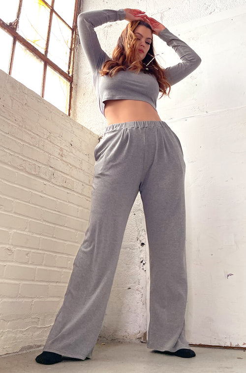 Gray Long Sleeve Crop Top & Palazzo Pant Set Plus Sizes