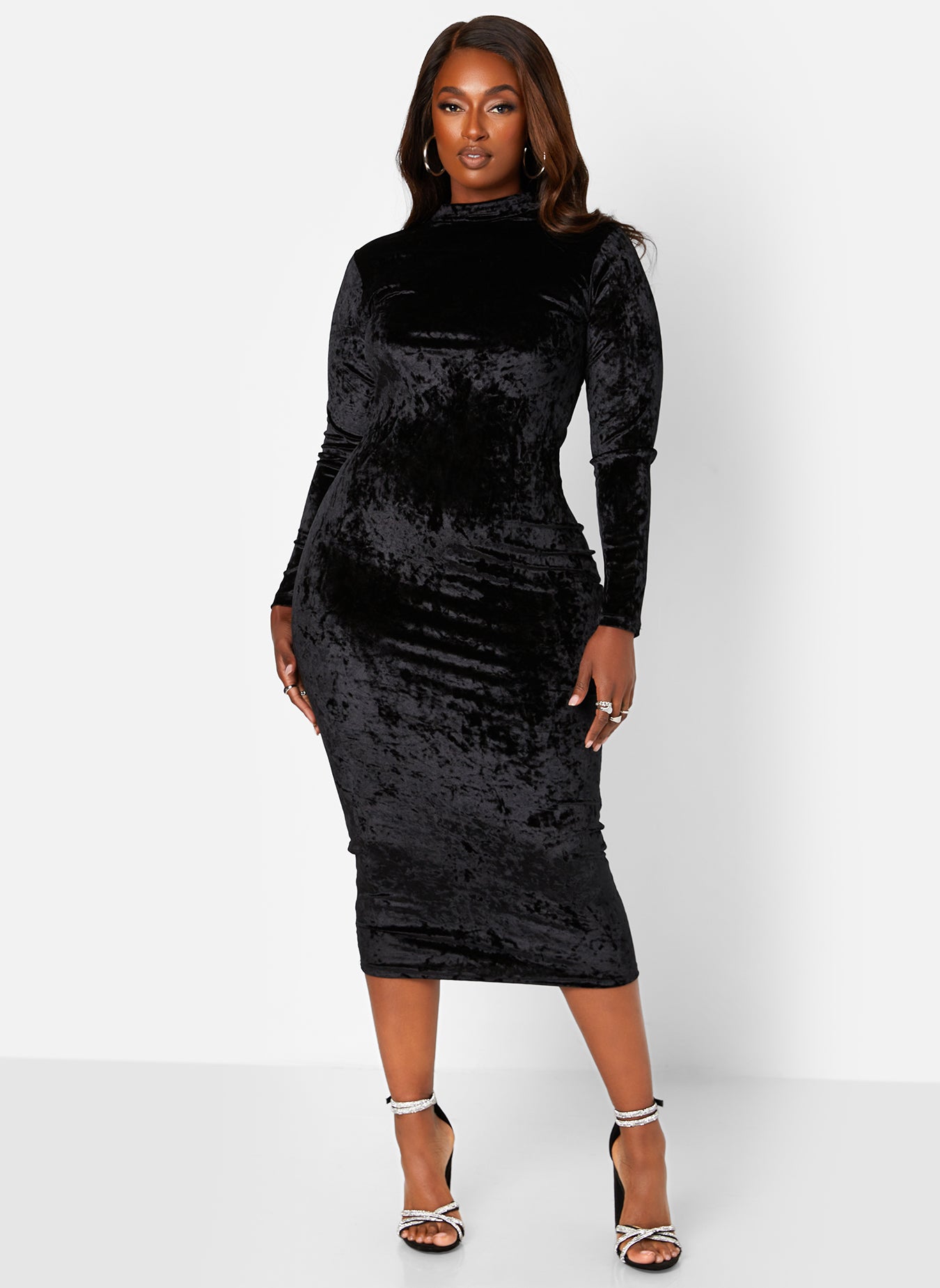 Black Just Last Night Velvet Turtleneck Midi Bodycon Dress Plus Sizes
