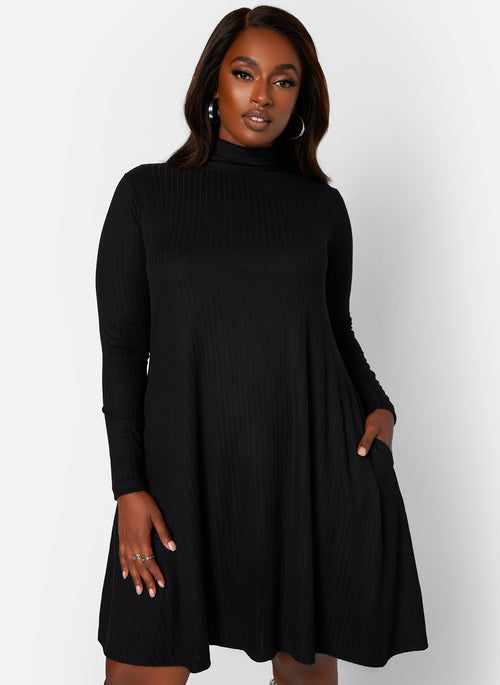Keri Ribbed Turtleneck Mini Shift Dress W. Pockets