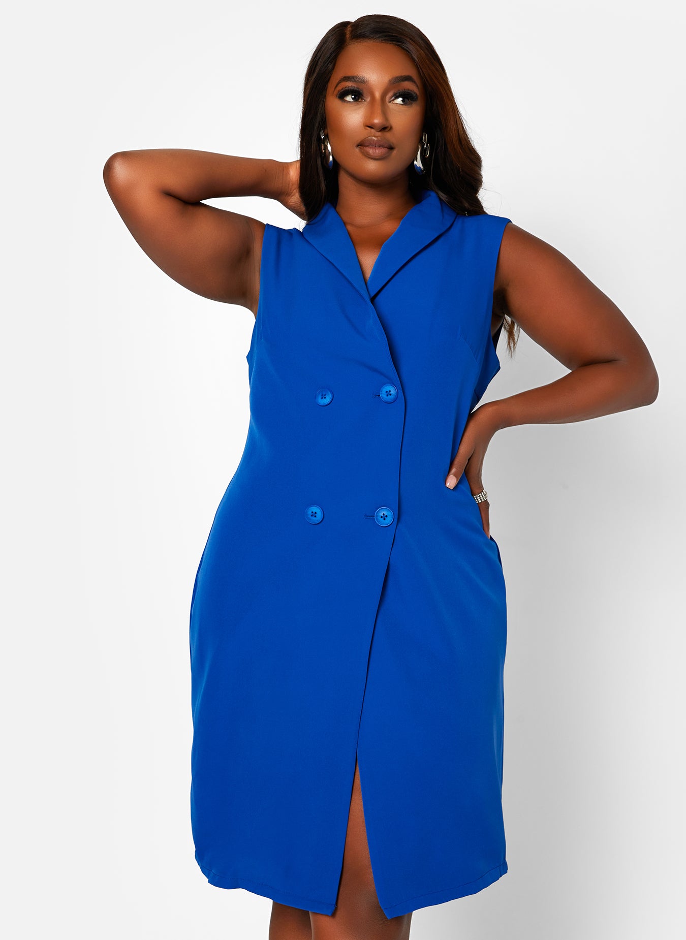 Blue Keynote Sleeveless Double Breasted Midi Blazer Dress Plus Sizes