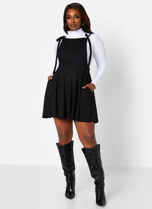 Kira Ribbed Tie Strap Overall Mini Skater Dress