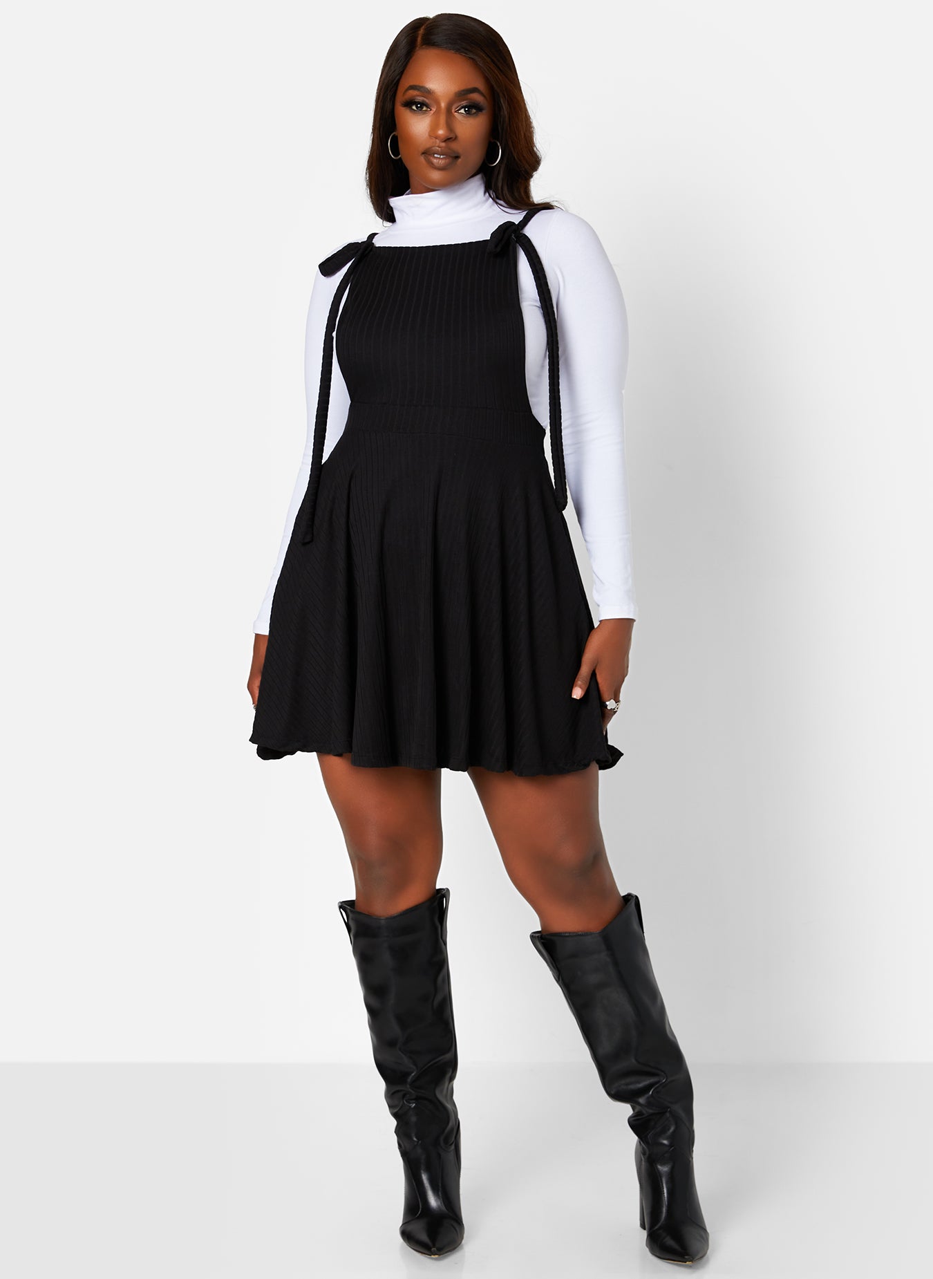 Kira Ribbed Tie Strap Overall Mini Skater Dress M: 6-8 / Black at Rebdolls