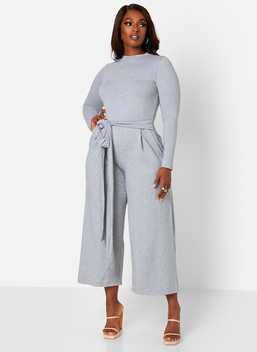 Let's Wrap It Up Tie Front Long sleeve Jumpsuit - Gray