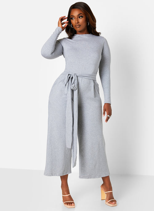 Let's Wrap It Up Tie Front Long sleeve Jumpsuit - Gray