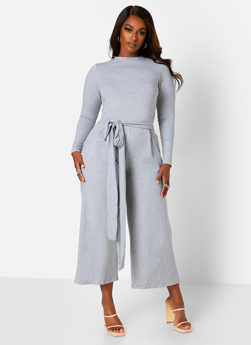 Let's Wrap It Up Tie Front Long sleeve Jumpsuit - Gray