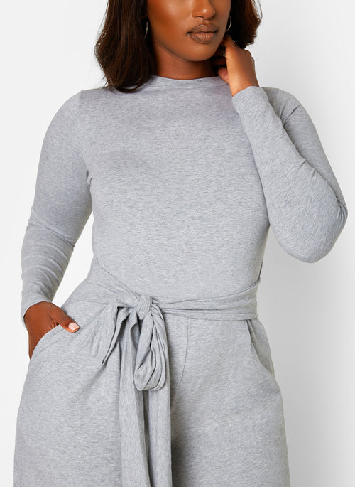 Let's Wrap It Up Tie Front Long sleeve Jumpsuit - Gray