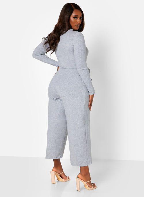 Let's Wrap It Up Tie Front Long sleeve Jumpsuit - Gray