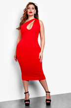 Red Plus Size One Shoulder Keyhole Bodycon Midi Dress