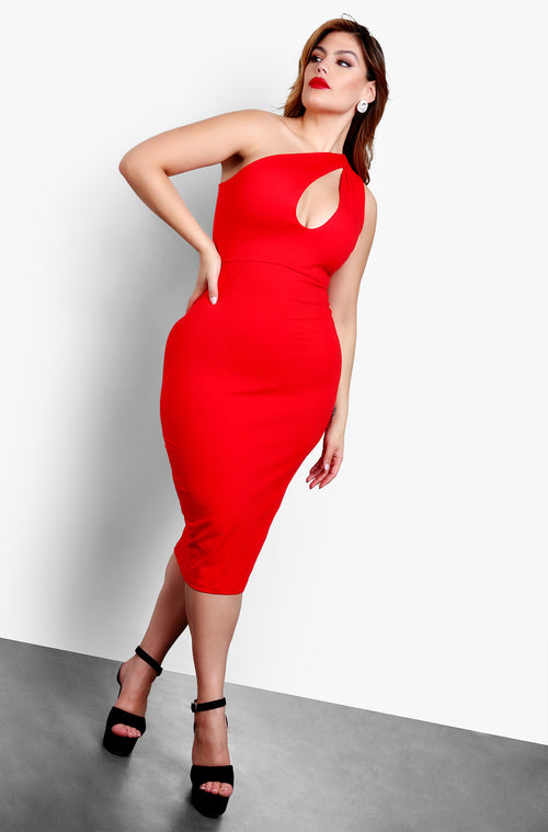 Red Plus Size One Shoulder Keyhole Bodycon Midi Dress