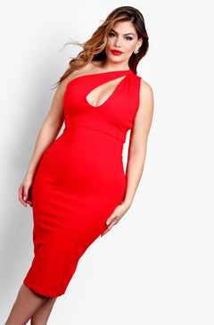 Red Plus Size One Shoulder Keyhole Bodycon Midi Dress