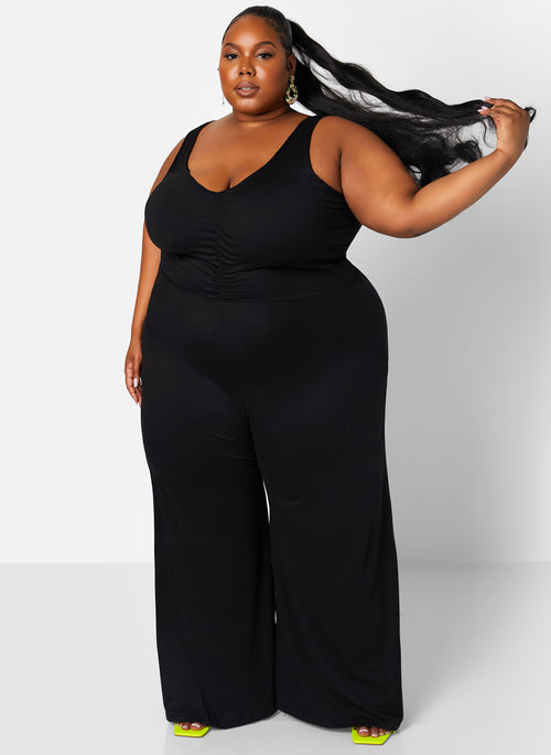 Black Long Walk Ruched Wide Leg Jumpsuit Plus Sizes