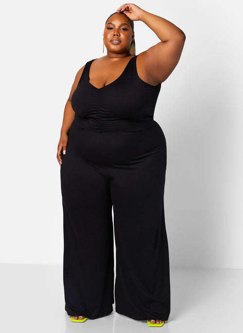 Black Long Walk Ruched Wide Leg Jumpsuit Plus Sizes