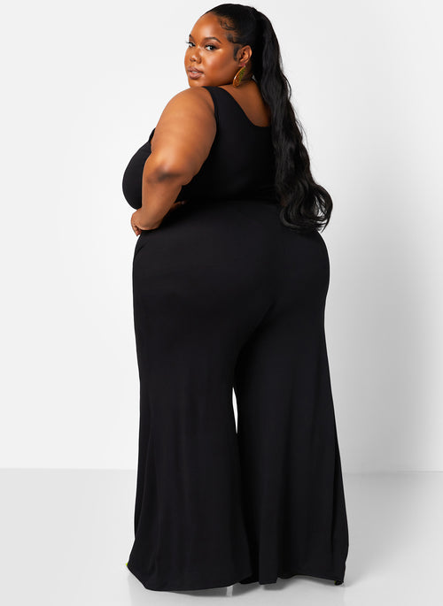 Black Long Walk Ruched Wide Leg Jumpsuit Plus Sizes