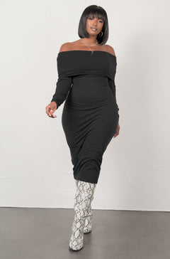 Black Over The Shoulder Bodycon Midi Dress