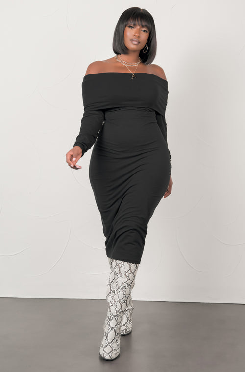 Black Over The Shoulder Bodycon Midi Dress