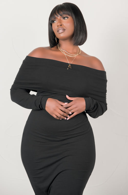 Black Over The Shoulder Bodycon Midi Dress
