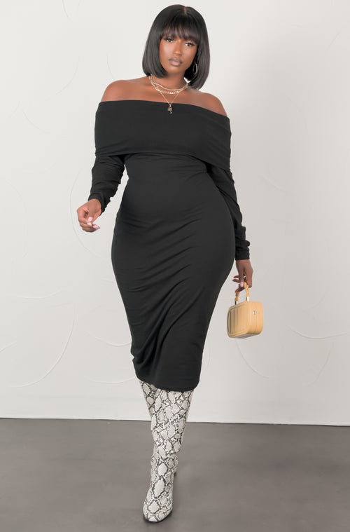 Black Over The Shoulder Bodycon Midi Dress