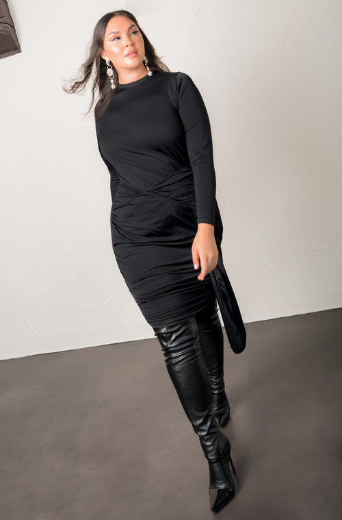 black Long Sleeve Faux Wrap Midi Dress plus sizes