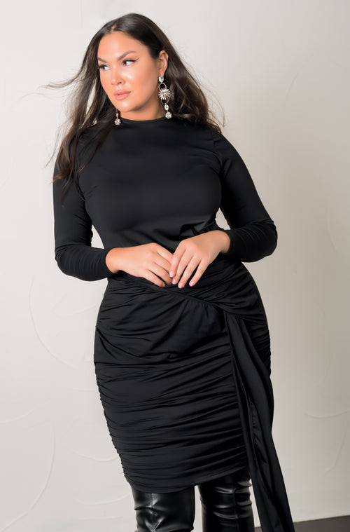 black Long Sleeve Faux Wrap Midi Dress plus sizes
