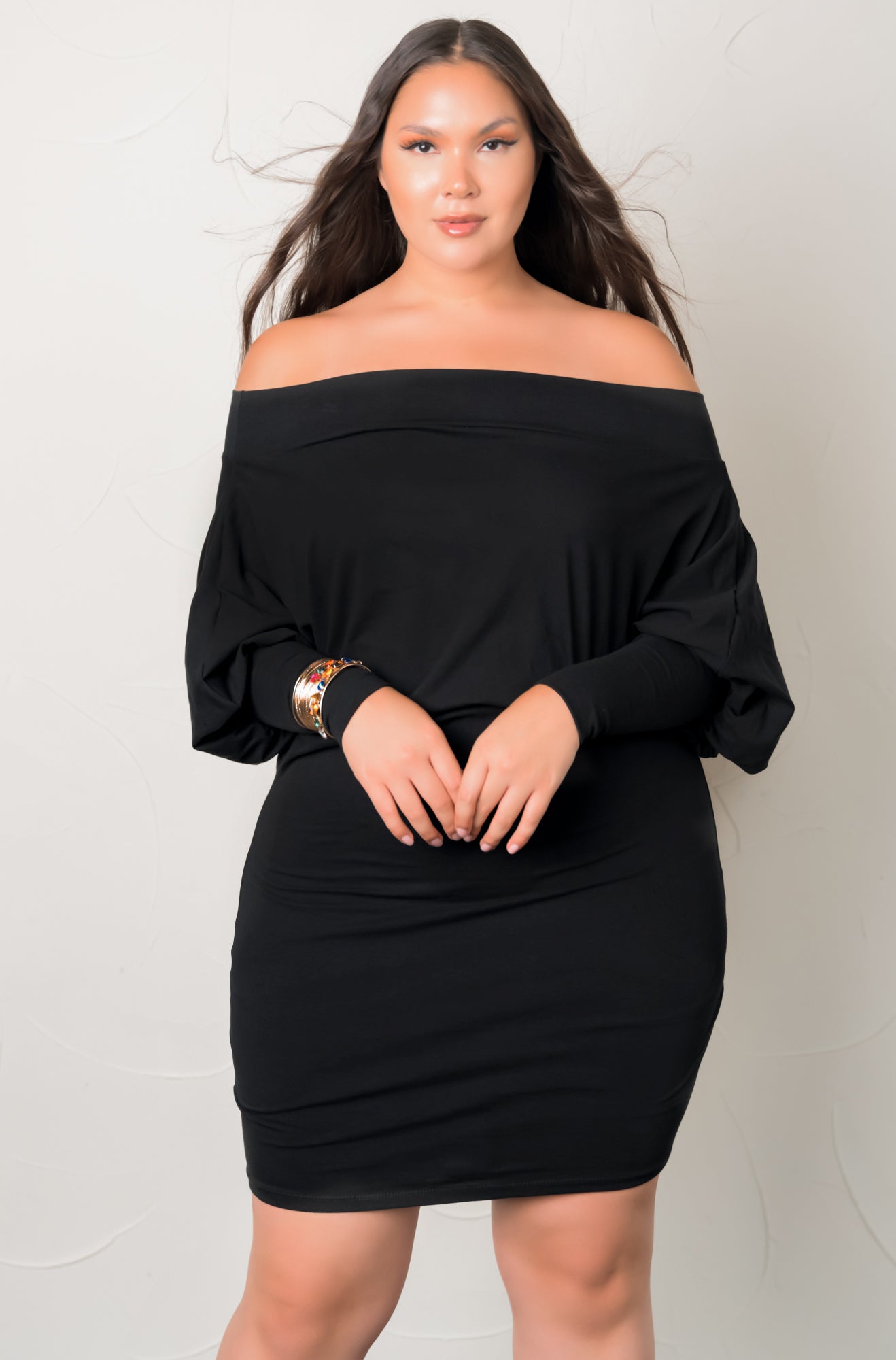 black Over The Shoulder Mini Dress plus sizes