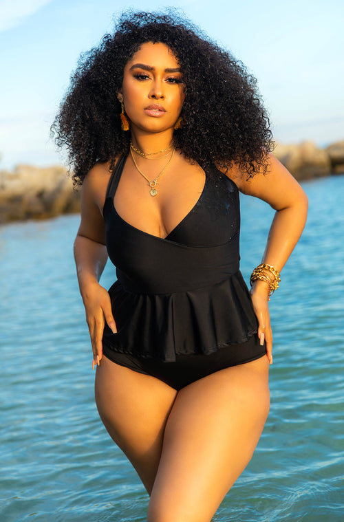 Black Peplum One Piece Swimsuit Plus Sizes