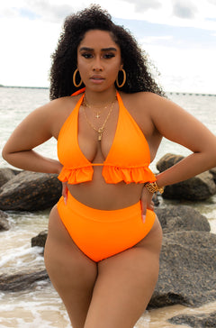 Orange Halter Ruffle Trim Bikini Top Plus Sizes