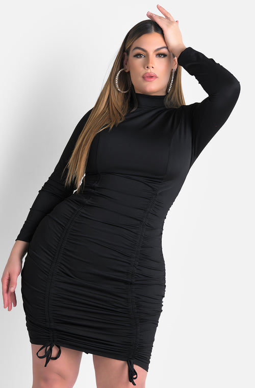 Black Turtleneck Long Sleeve Cinched Midi Dress Plus Sizes