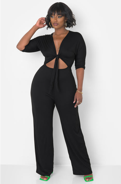 Black Front tie ¾ Sleeve Jumpsuit Plus Sizes
