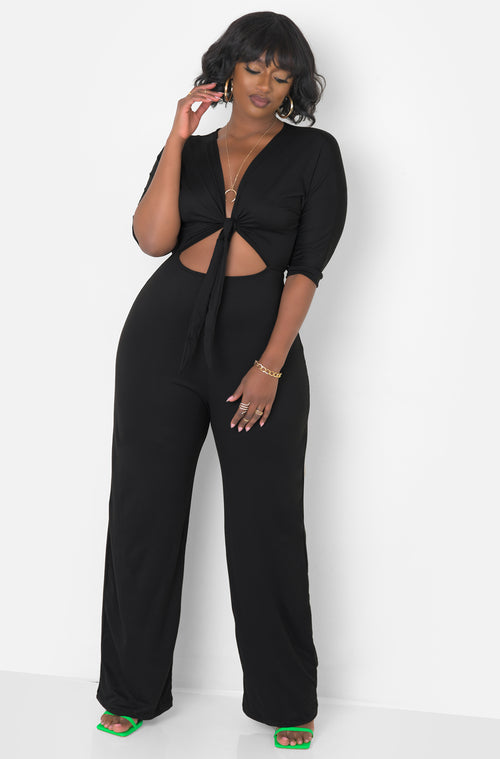 Black Front tie ¾ Sleeve Jumpsuit Plus Sizes