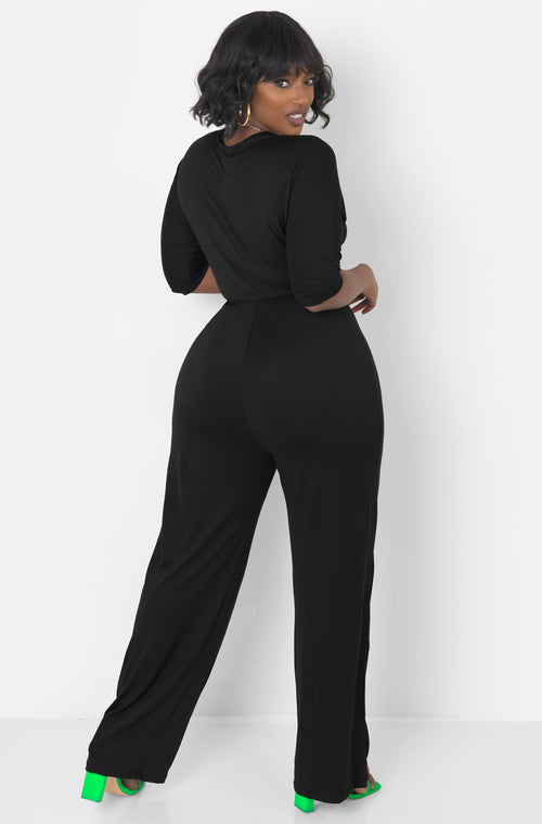 Black Front tie ¾ Sleeve Jumpsuit Plus Sizes
