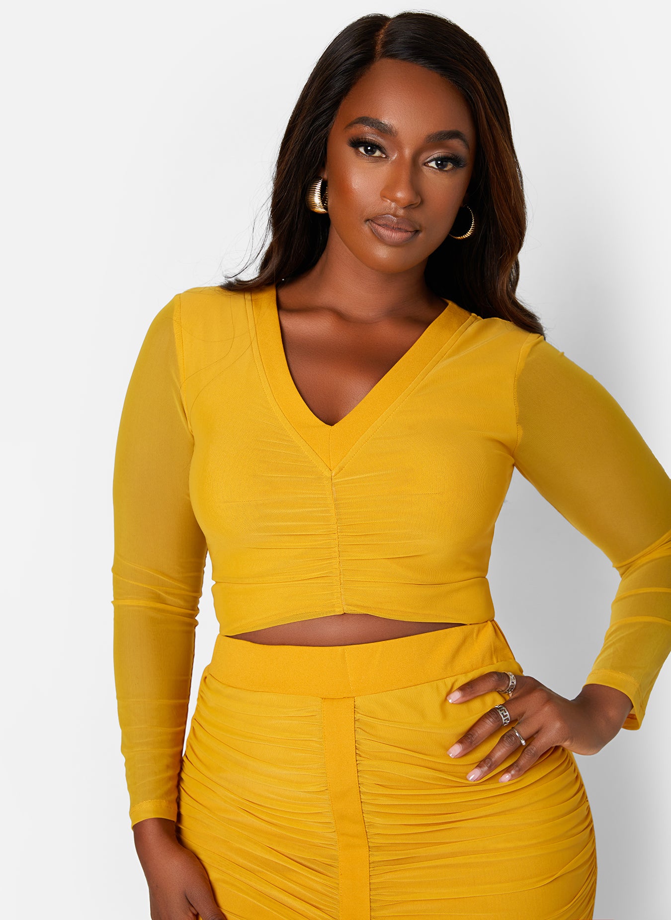 Yellow More Champagne Mesh Ruched Sheer Sleeve Crop Top Plus Sizes