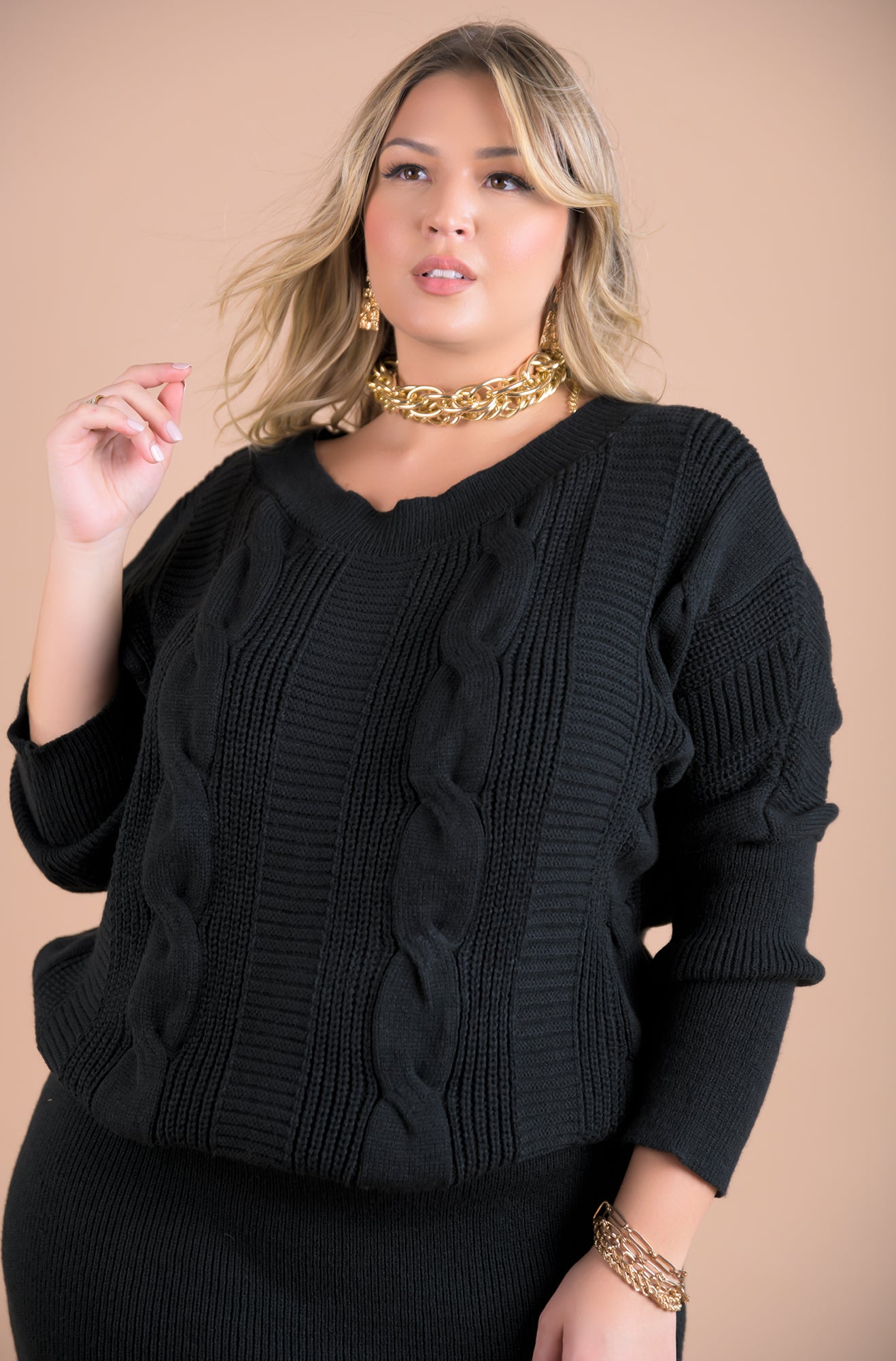 Black Knit Sweater Skirt Set Plus Sizes