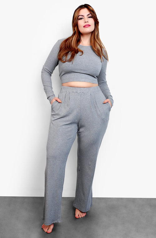 Gray Long Sleeve Crop Top & Palazzo Pant Set