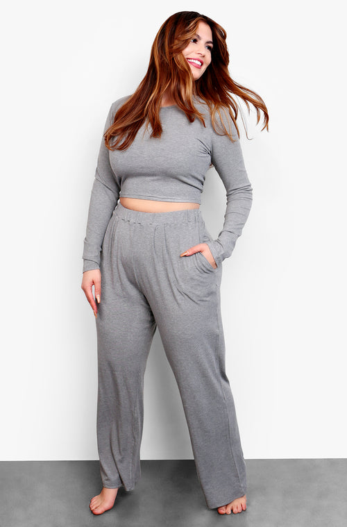 Gray Long Sleeve Crop Top & Palazzo Pant Set
