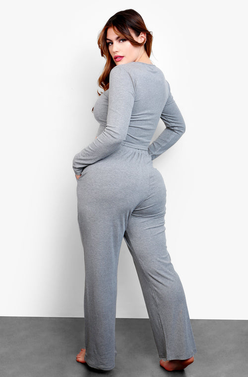 Gray Long Sleeve Crop Top & Palazzo Pant Set