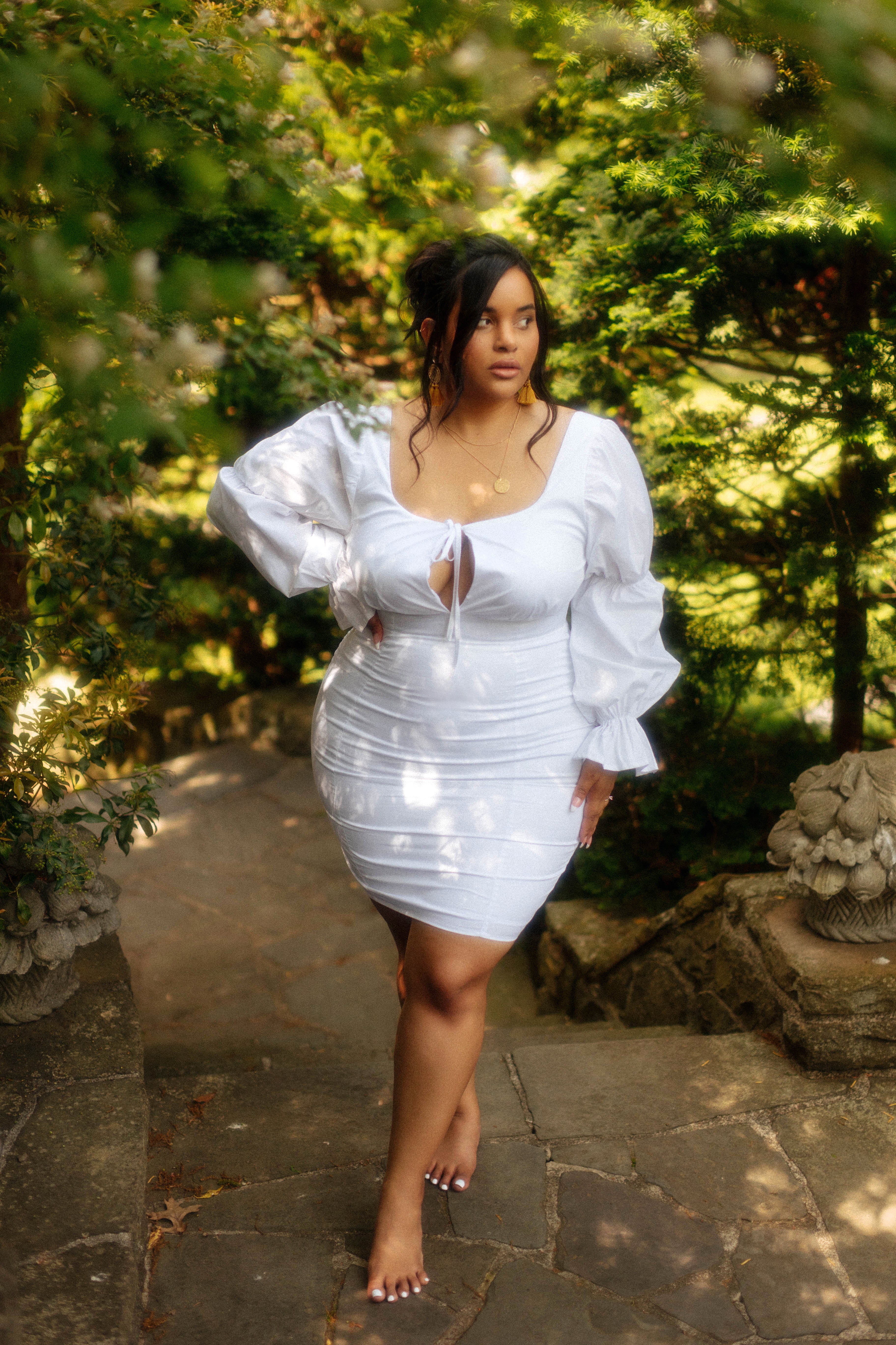 White DeniseMercedes X REBDOLLS Wanderlust Vibes Tiered Sleeve Keyhole Mini Bodycon Dress Plus Sizes