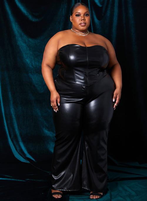 Black All Night Long Leather Wide Leg Pants Plus Sizes