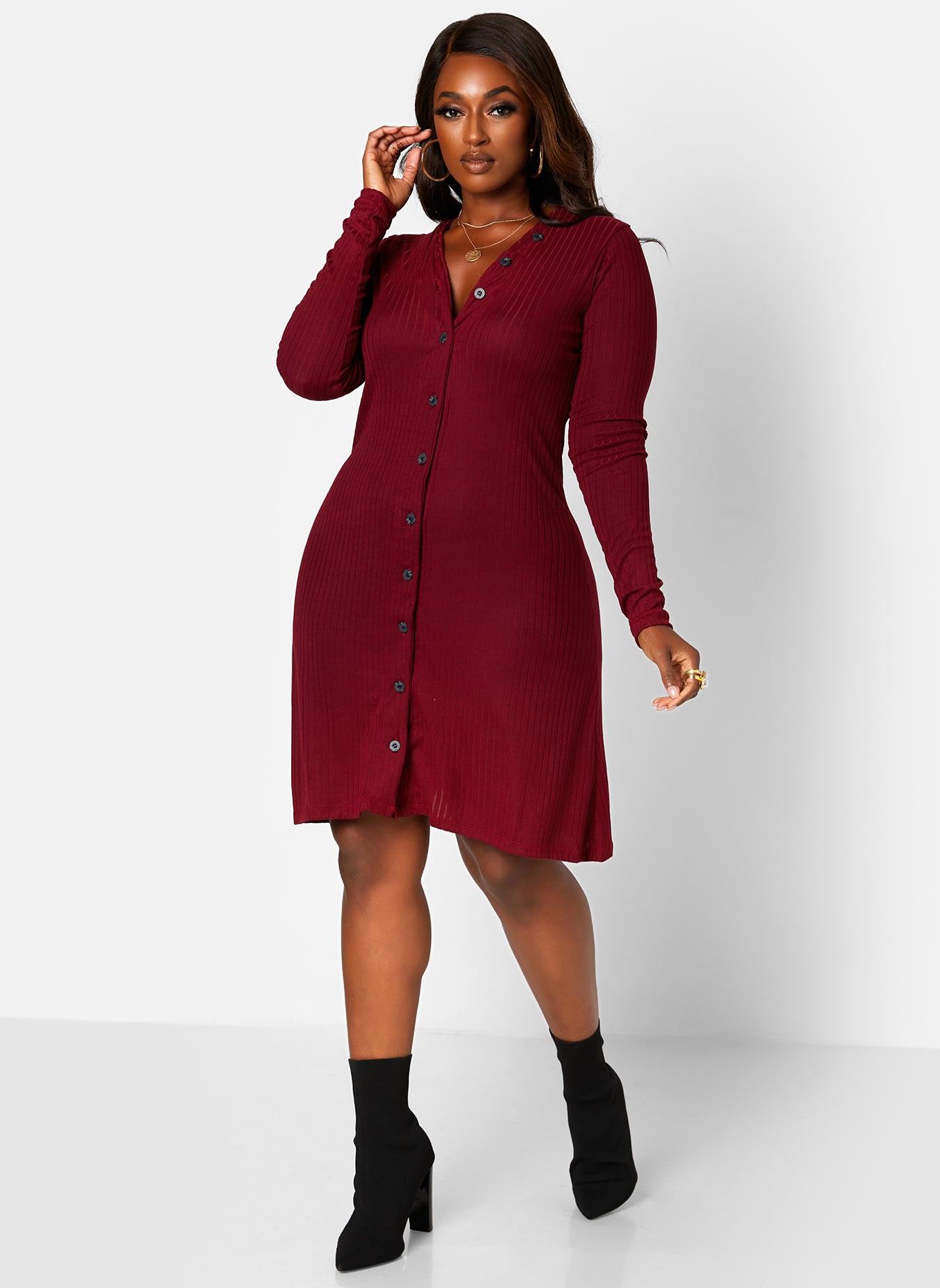 Sure Thing Ribbed Button Front Mini A Line Dress - Burgundy