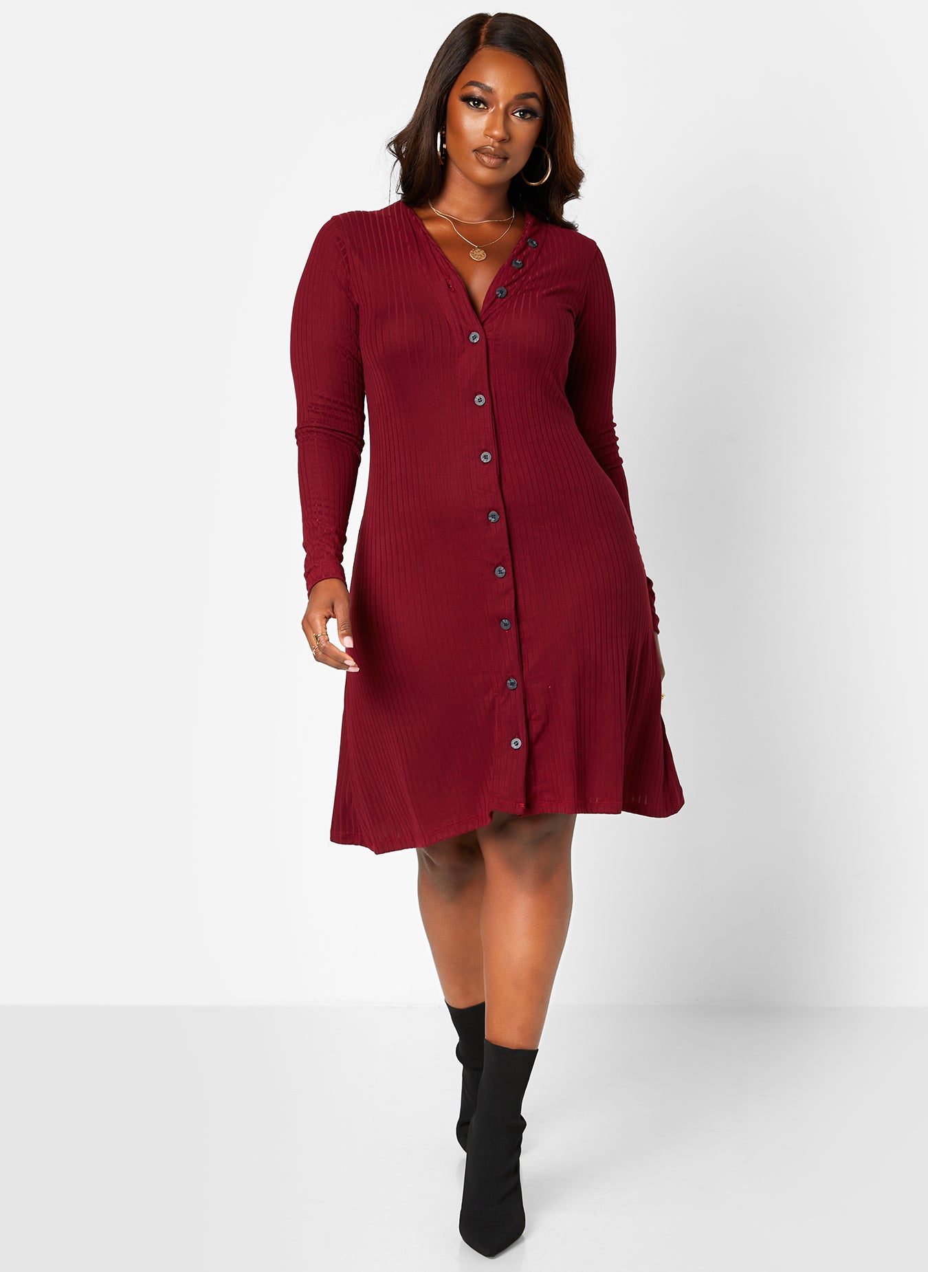 Sure Thing Ribbed Button Front Mini A Line Dress - Burgundy
