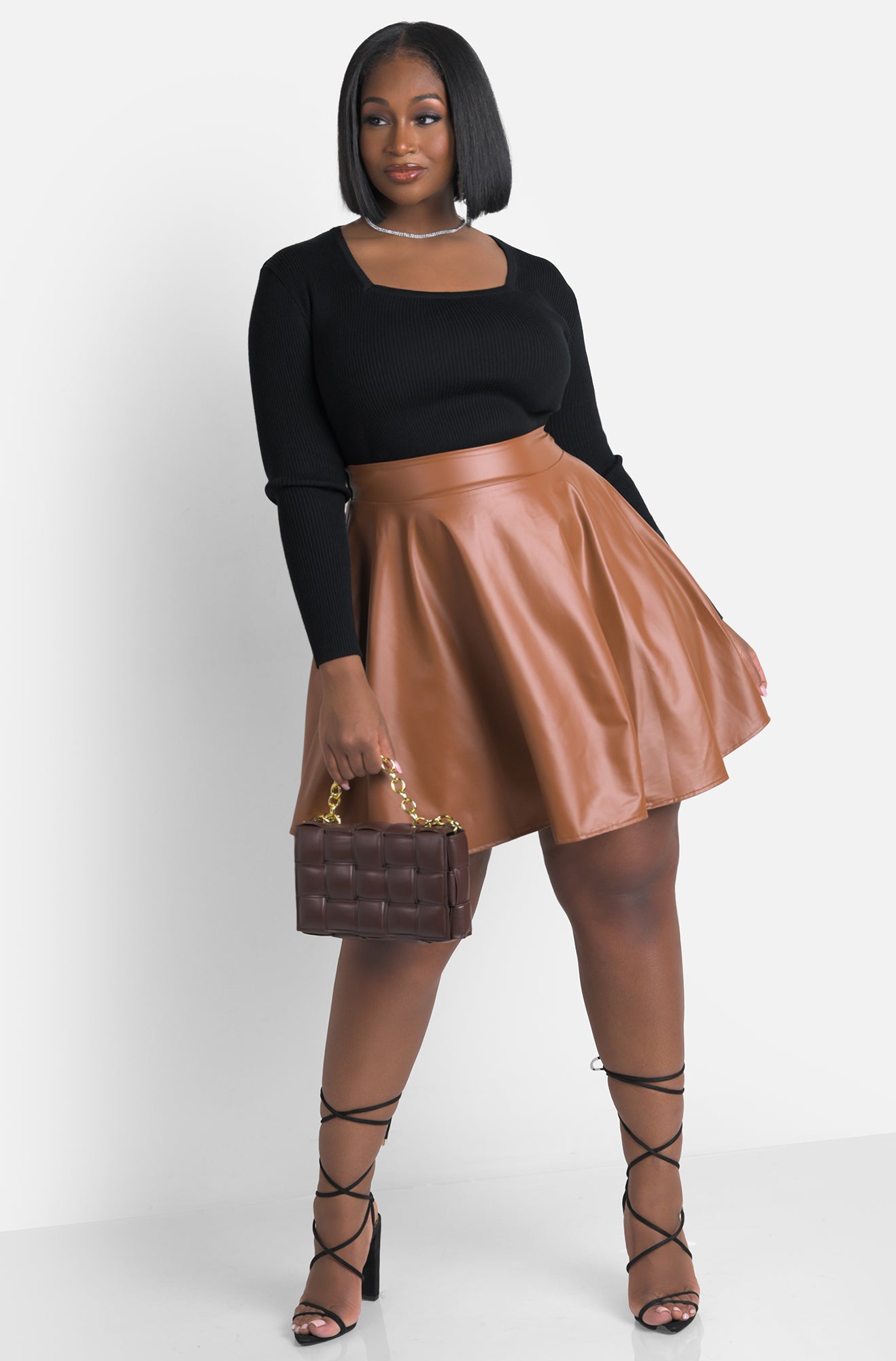 Brown Sweet Enough Vegan Leather Skater Skirt Plus Sizes