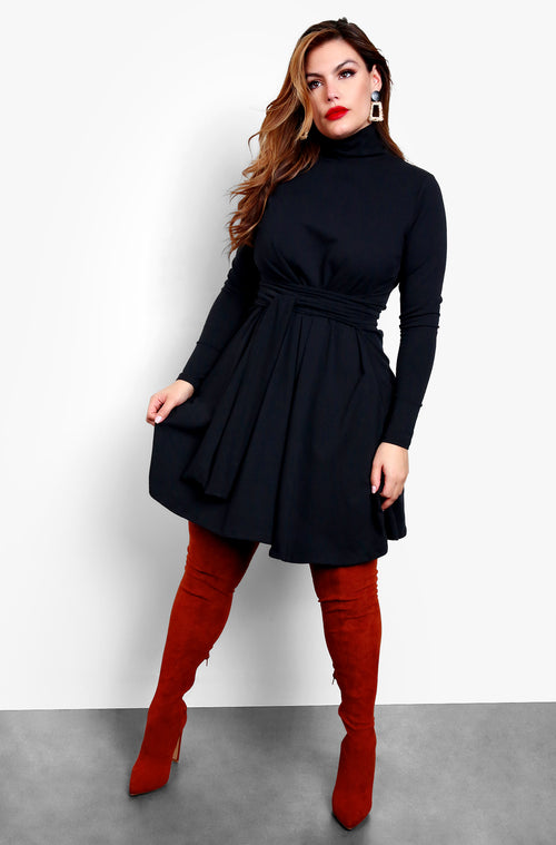 Black Turtleneck Long Sleeve Tie Front Skater Mini Dress Plus Sizes
