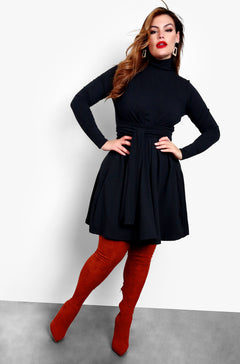 Black Turtleneck Long Sleeve Tie Front Skater Mini Dress Plus Sizes