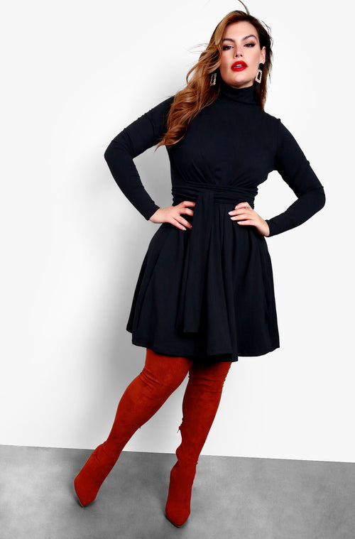 Black Turtleneck Long Sleeve Tie Front Skater Mini Dress Plus Sizes